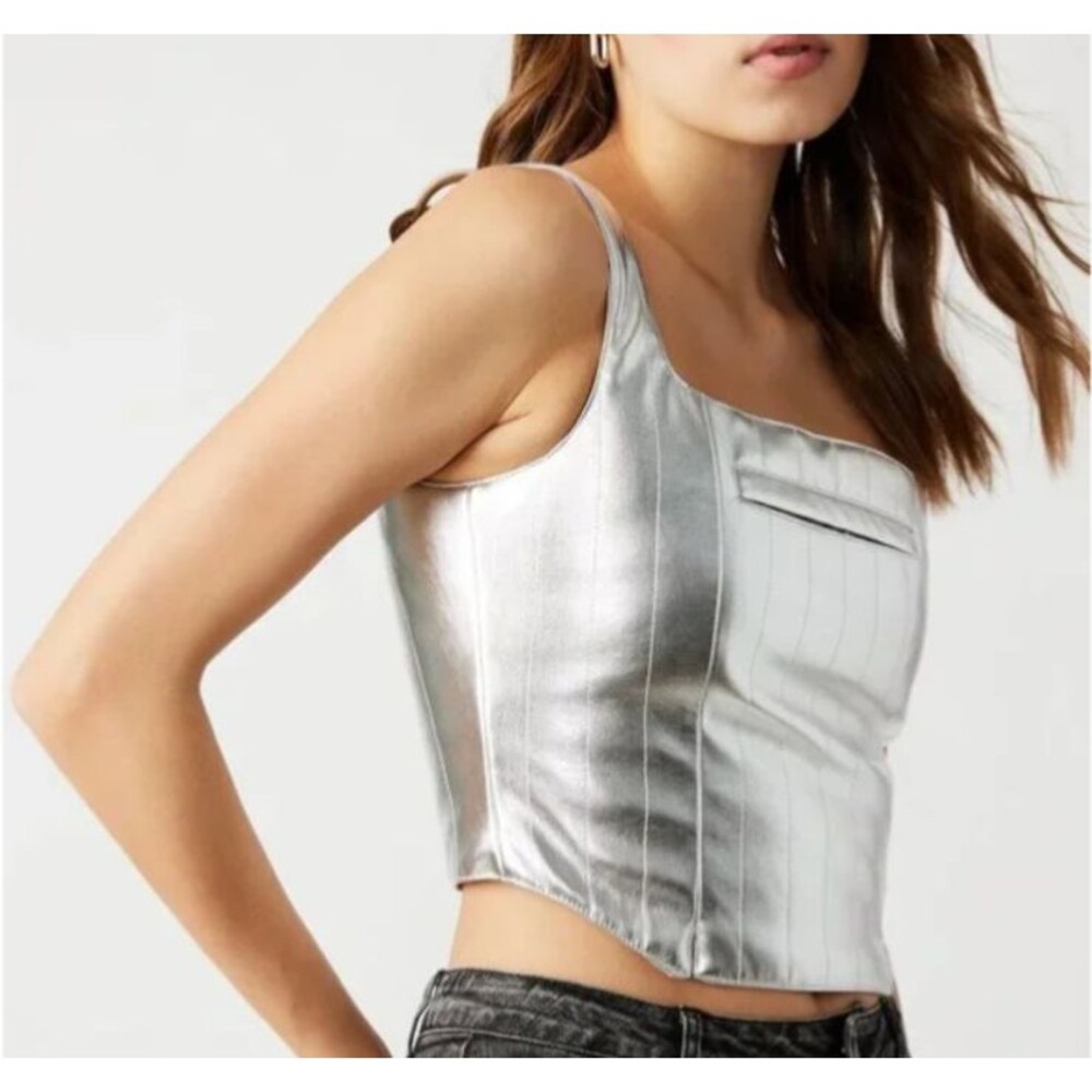 Steve Madden Women's Mallika Silver Corset Faux Leather Top Size M NWT Y2K Disco
